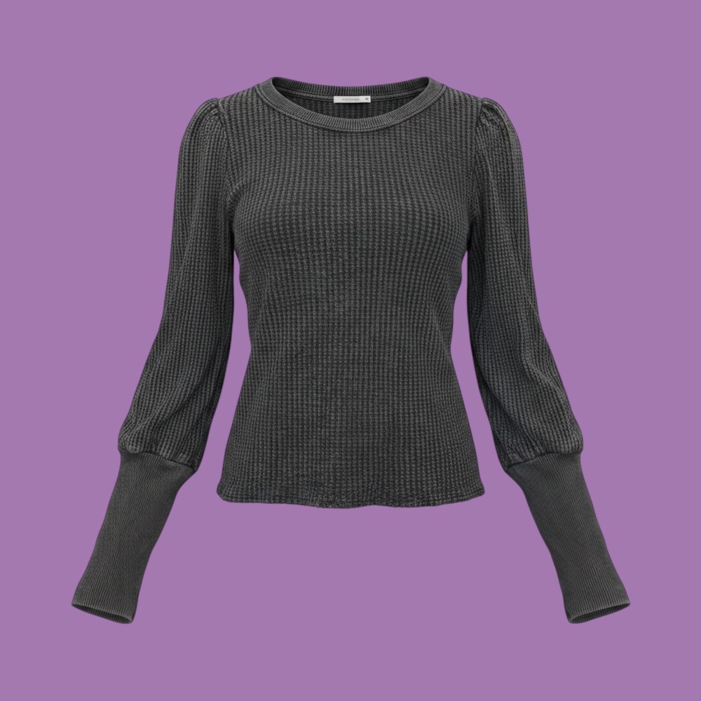 Free People FP One Waffle Knit Thermal Top Womens S Black Puff Sleeve Button Top